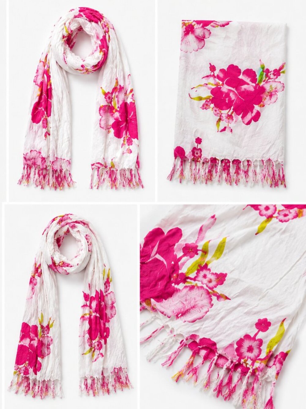 Pink & White Tropical Floral Lightweight Fringe Scarf Wrap - Picture 2 of 2